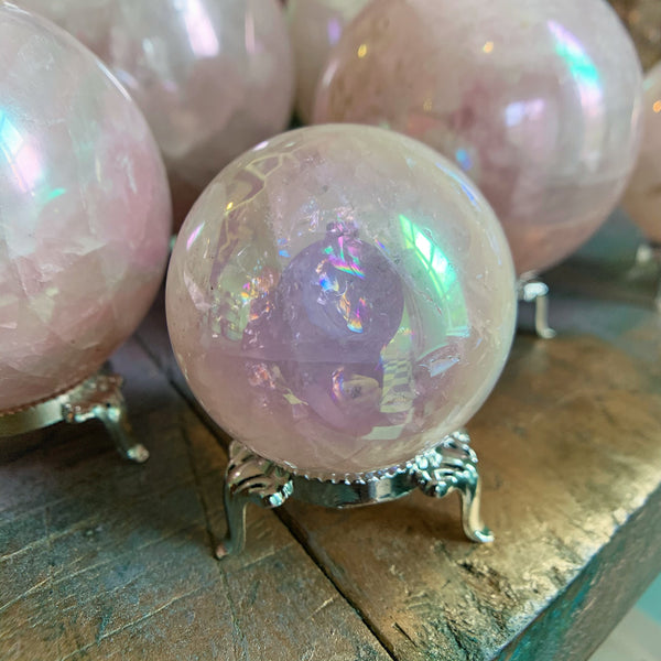 Rainbow Aura Rose Quartz Spheres