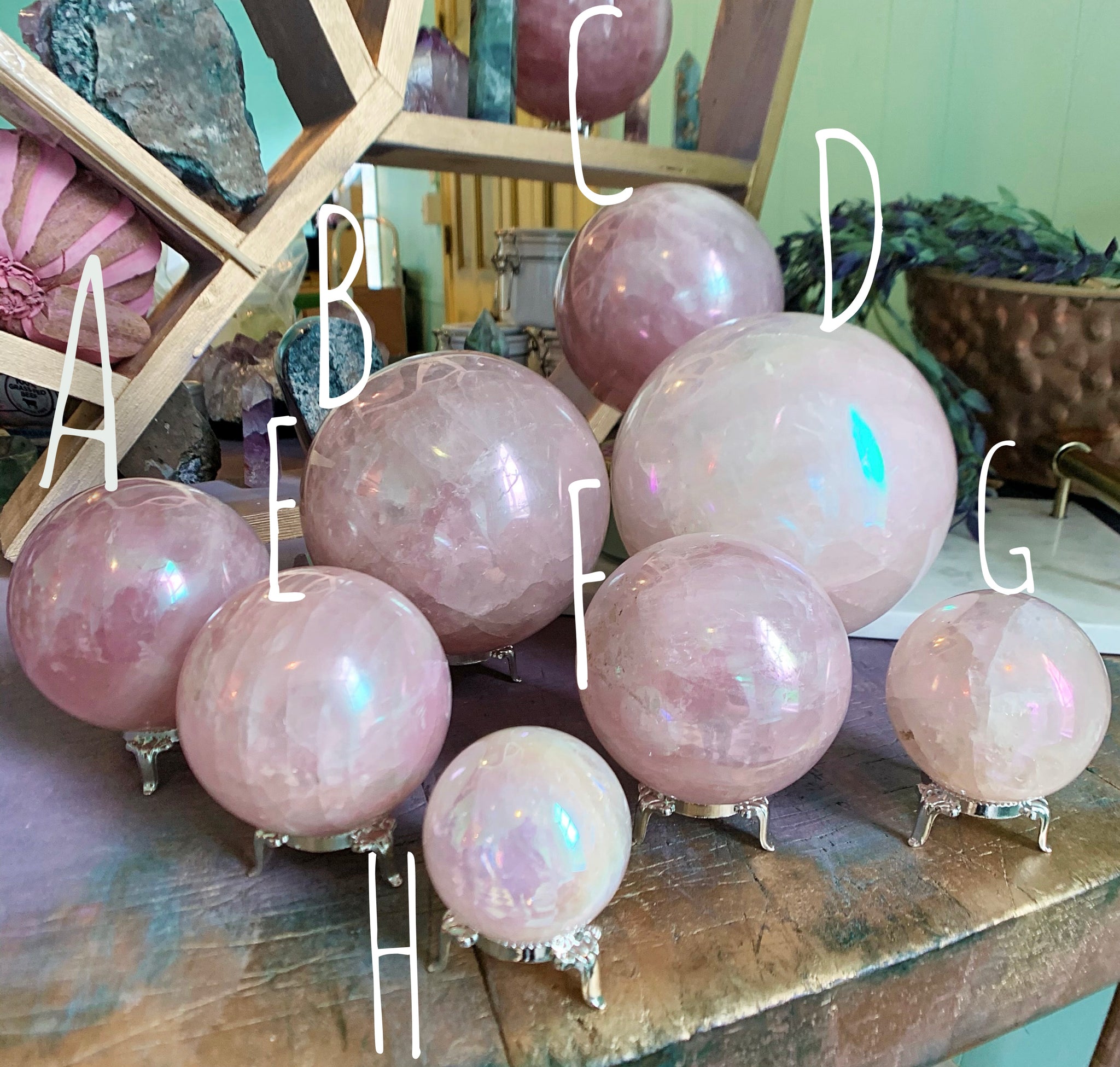 Rainbow Aura Rose Quartz Spheres