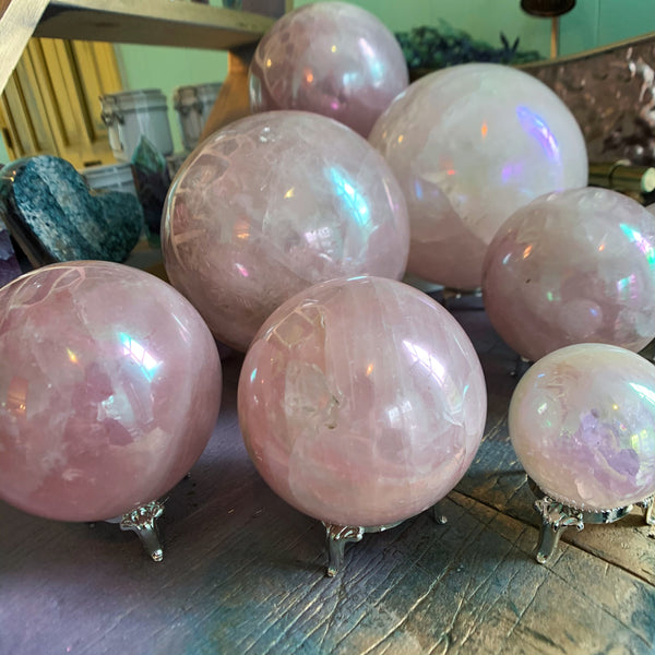 Rainbow Aura Rose Quartz Spheres